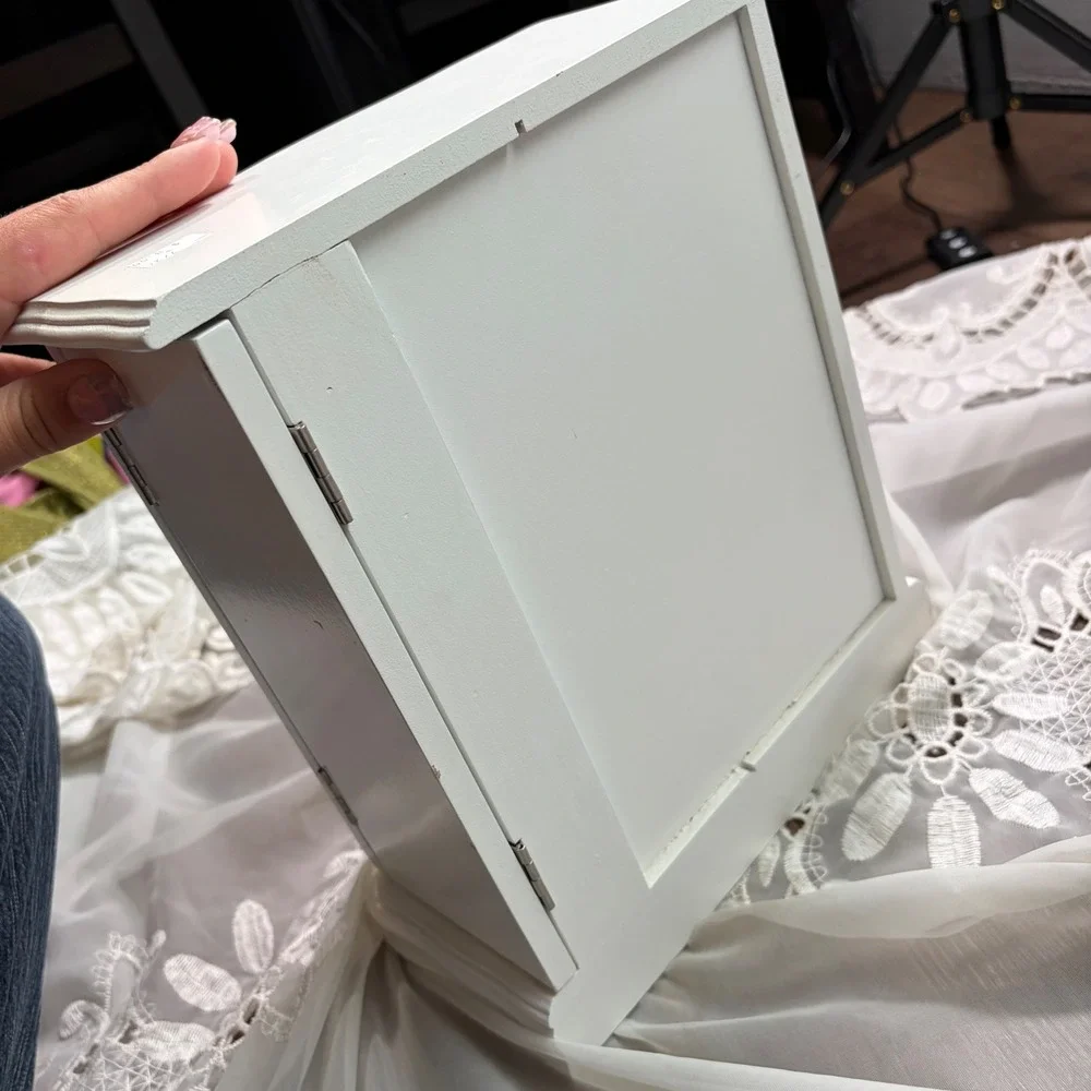 Vintage 2000s White Wooden Butterfly Jewelry Armoire Tabletop Organizer's Mirror